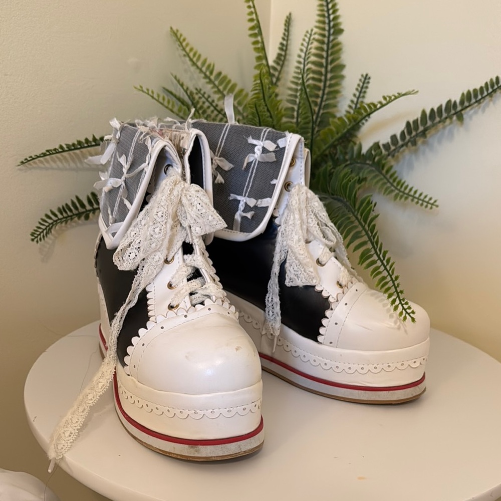 Black and White Lace-Up Platform Boots